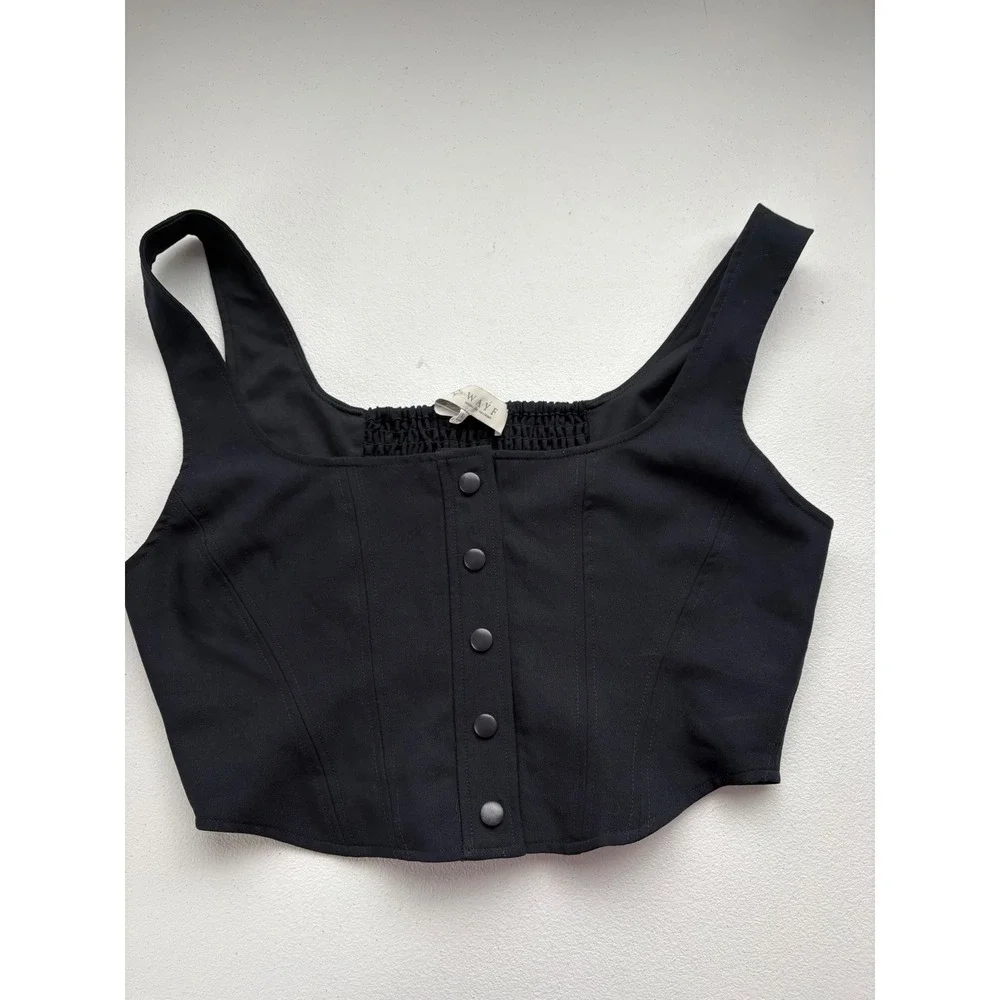 WAYF‎ Navy Blue Button Front Smocked Back Corset Crop Top Large